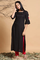 Black Rayon Striped Straight Kurta With Mask