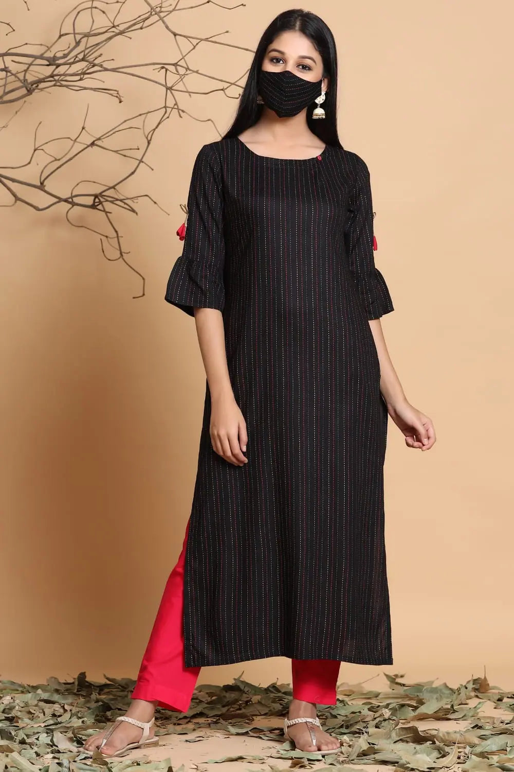 Black Rayon Striped Kurta with Mask | Indian Kurta for Women