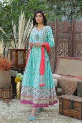 Aqua Cotton Dobby Printed A-Line Kurta With Mask