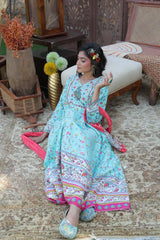 Aqua Cotton Dobby Printed A-Line Kurta With Mask