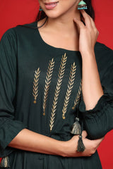 Jadegreen Rayon Slub Bandhani A-Line Kurta With Mask
