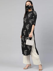 Black Rayon Slub Bandhani Straight Kurta With Mask