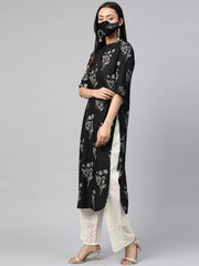 Black Rayon Slub Bandhani Straight Kurta With Mask