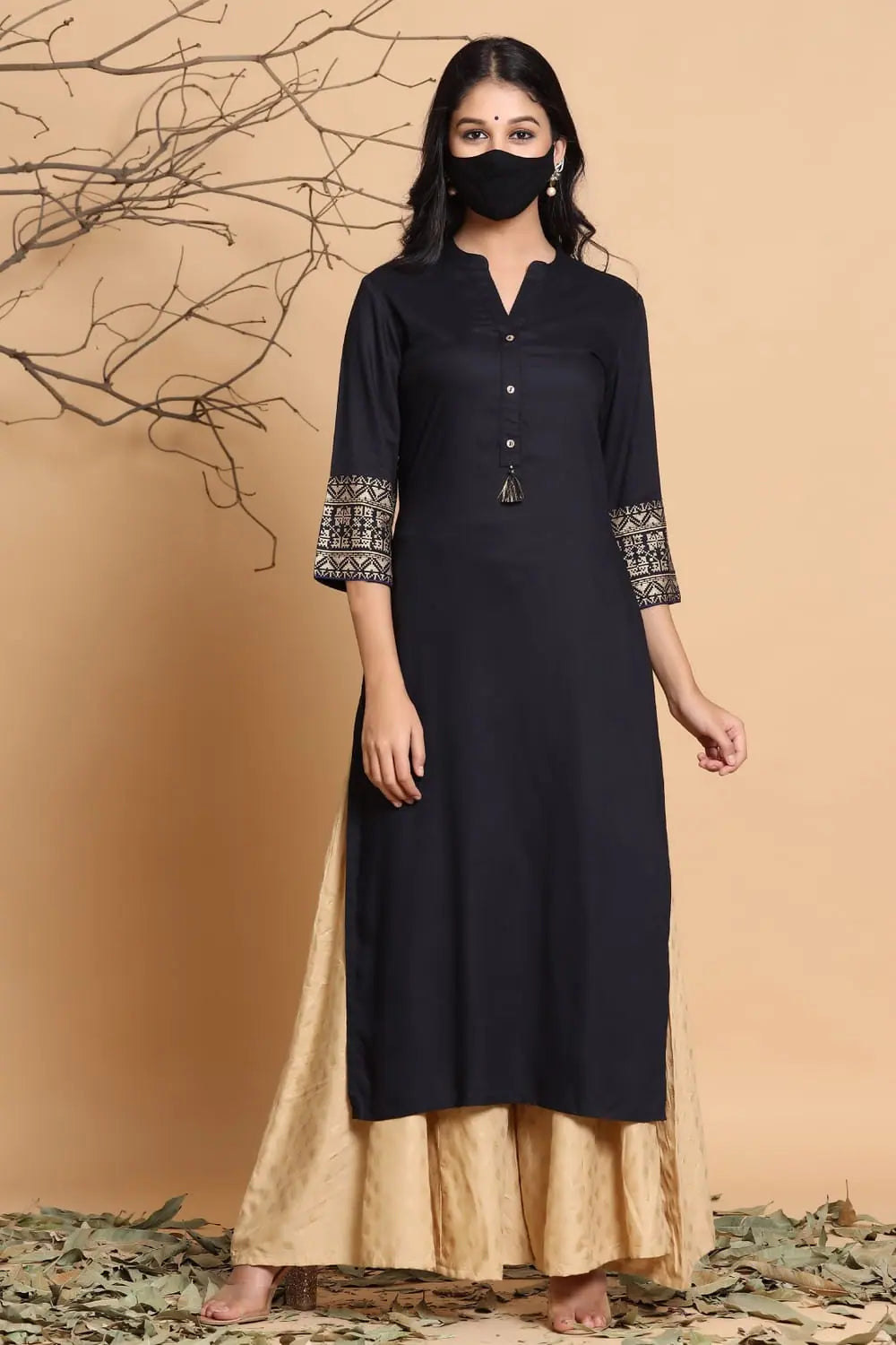 Black Printed Rayon Kurta with Mask - Indian Kurtas for Women