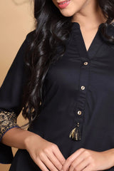 Black Rayon Printed Straight Kurta With Mask