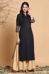 Black Rayon Printed Straight Kurta With Mask