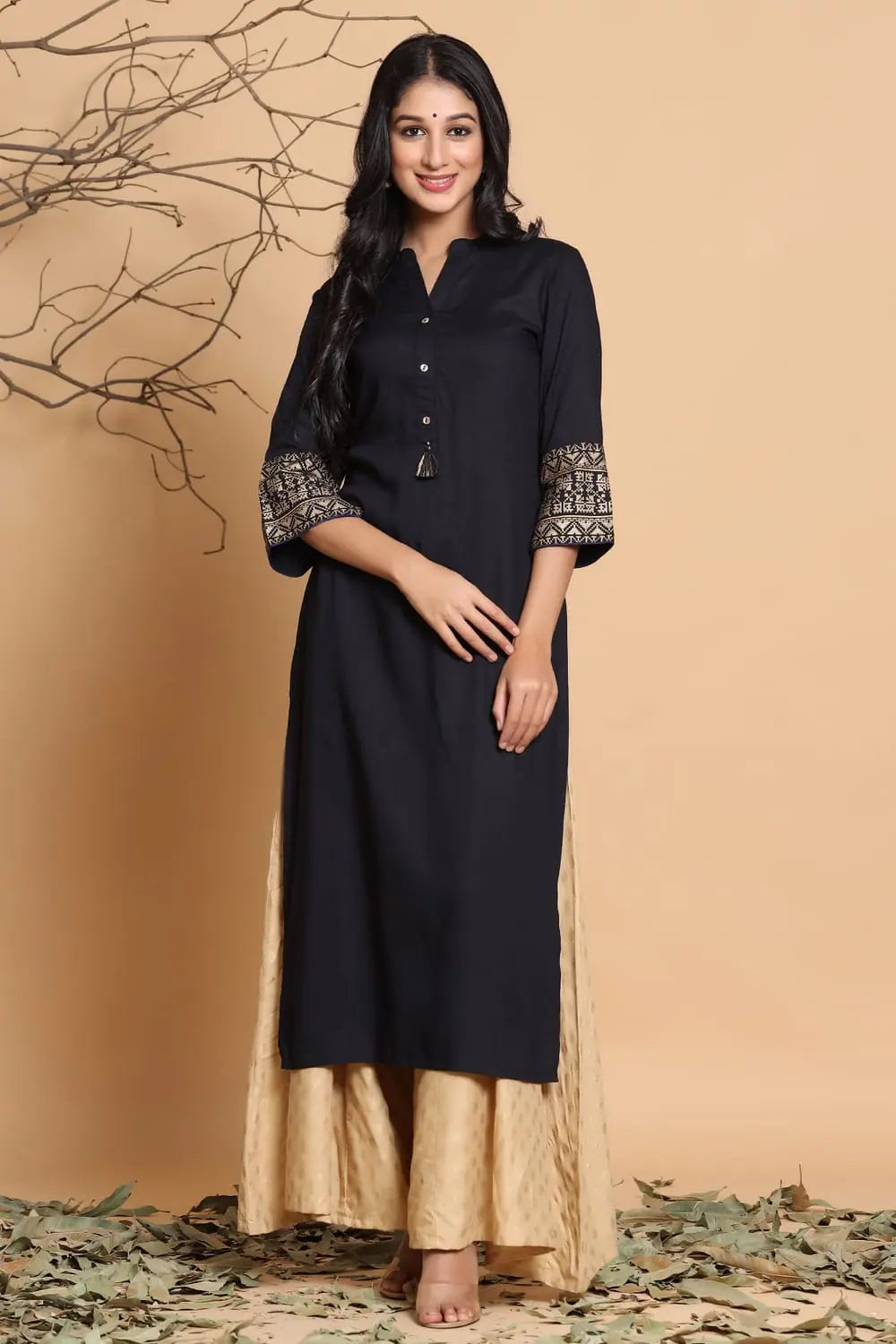 Black Printed Rayon Kurta with Mask - Indian Kurtas for Women