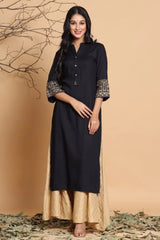 Black Rayon Printed Straight Kurta With Mask