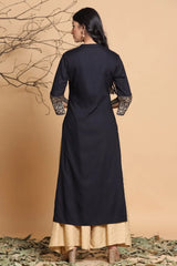 Black Rayon Printed Straight Kurta With Mask