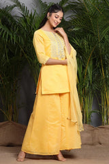 Mustard Chanderi Silk Embroidered Straight Kurta Palazzo Dupatta Set