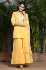 Mustard Chanderi Silk Embroidered Straight Kurta Palazzo Dupatta Set