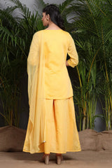 Mustard Chanderi Silk Embroidered Straight Kurta Palazzo Dupatta Set