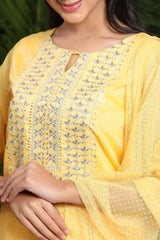 Mustard Chanderi Silk Embroidered Straight Kurta Palazzo Dupatta Set