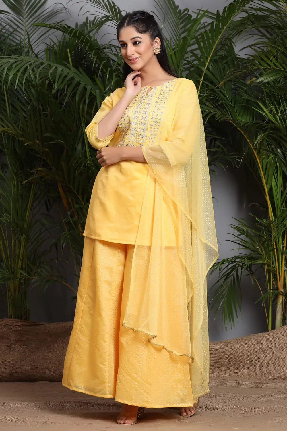 Mustard Chanderi Silk Embroidered Kurta Palazzo Dupatta Set
