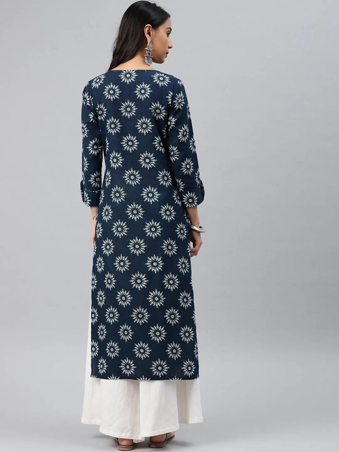 Printed Navy Blue Cotton Kurti - Indian Kurta for Women | DesiQlo