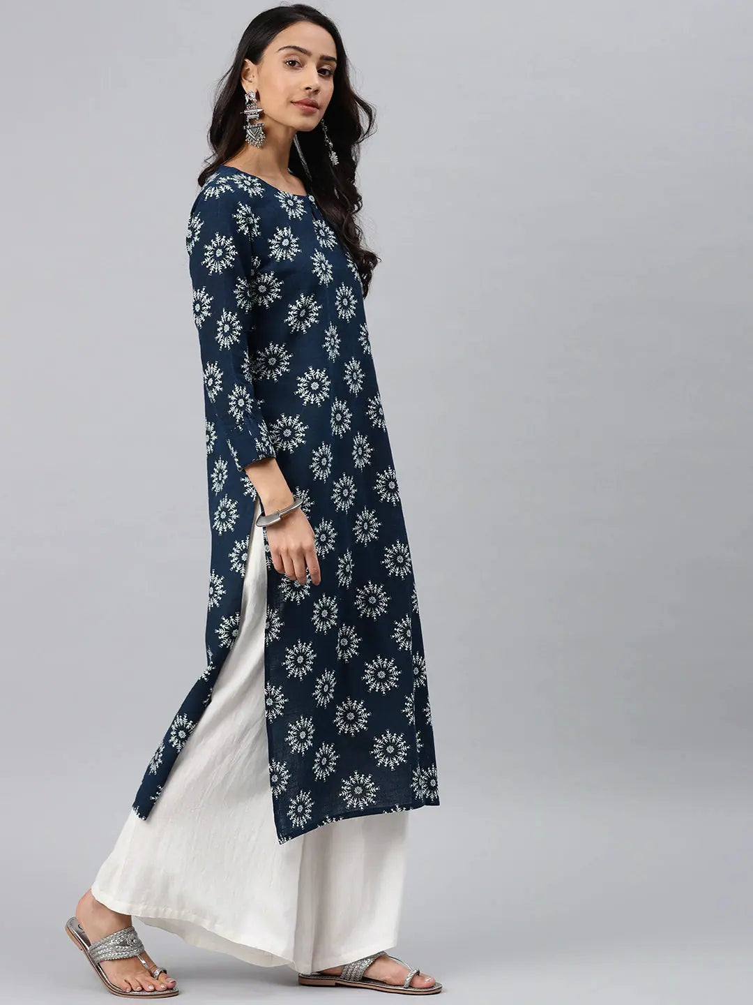 Printed Navy Blue Cotton Kurti - Indian Kurta for Women | DesiQlo