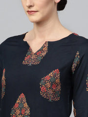 Women Attractive Navy Blue Color Printed Cotton Fabric Kurti