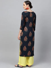Women Attractive Navy Blue Color Printed Cotton Fabric Kurti