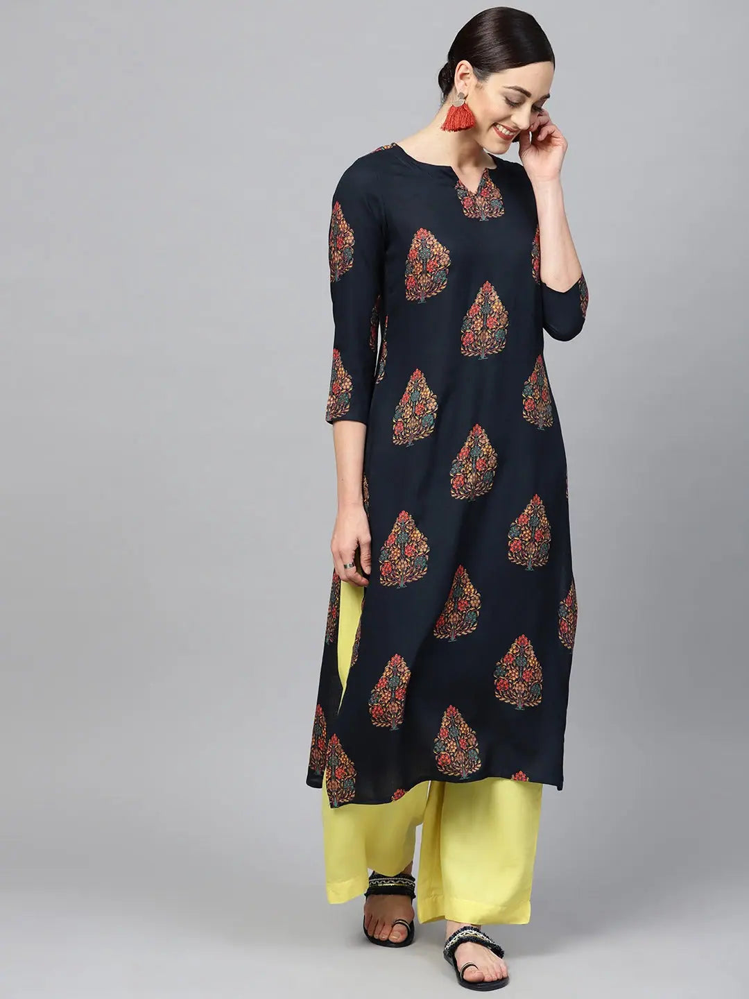 Navy Printed Kurti: Cotton Indian Kurta Ladies | Tunic Top