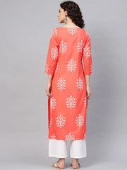 Women Festive Wear Cotton Fabric Peach Color Printed Kurti
