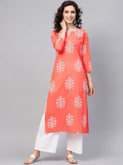 Women Festive Wear Cotton Fabric Peach Color Printed Kurti