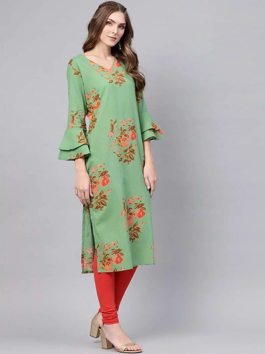 Women Regular Wear Cotton Fabric Printed Sea Green Color Simple Kurti 1100