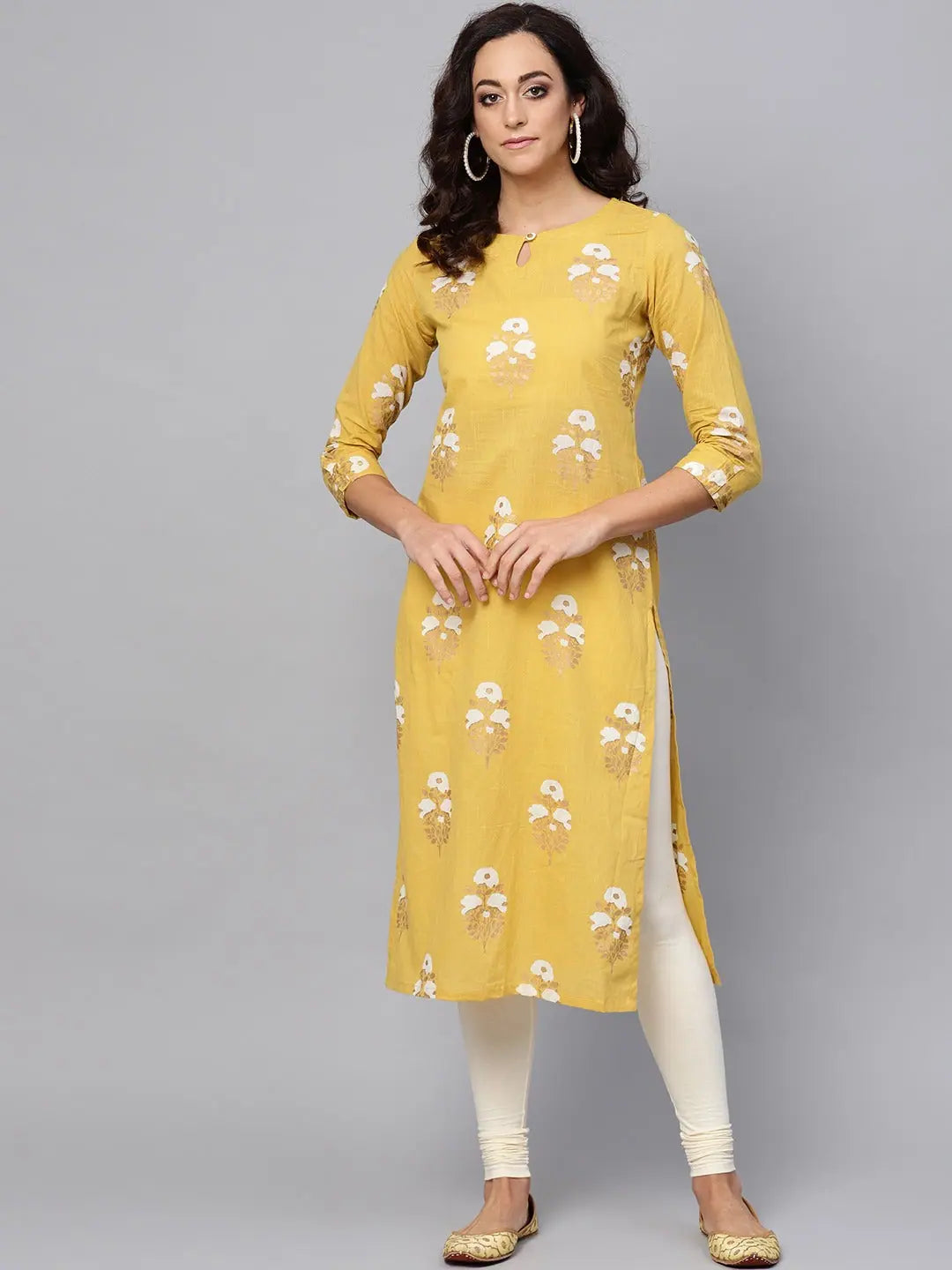 Yellow Printed Cotton Kurti - Indian Kurta for Women | Ahika
