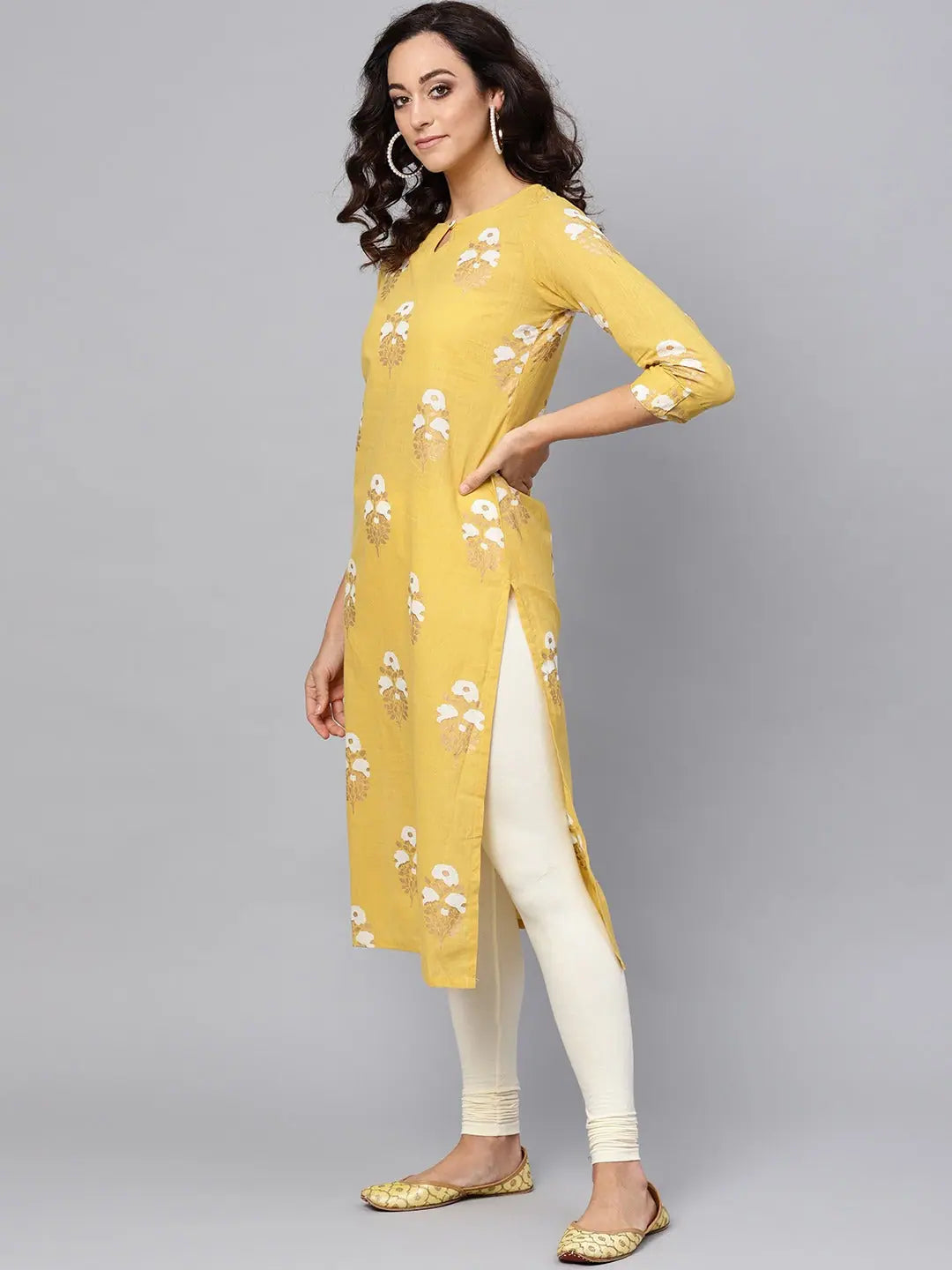 Yellow Printed Cotton Kurti - Indian Kurta for Women | Ahika