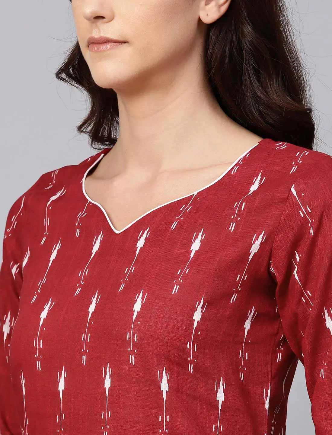 Printed Red Cotton Kurti - Women's Indian Kurta Ladies Tunic Top
