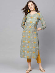 Women Green Mustard Yellow Printed Straight Kurta