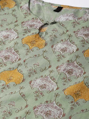 Women Green Mustard Yellow Printed Straight Kurta