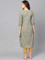 Women Green Mustard Yellow Printed Straight Kurta