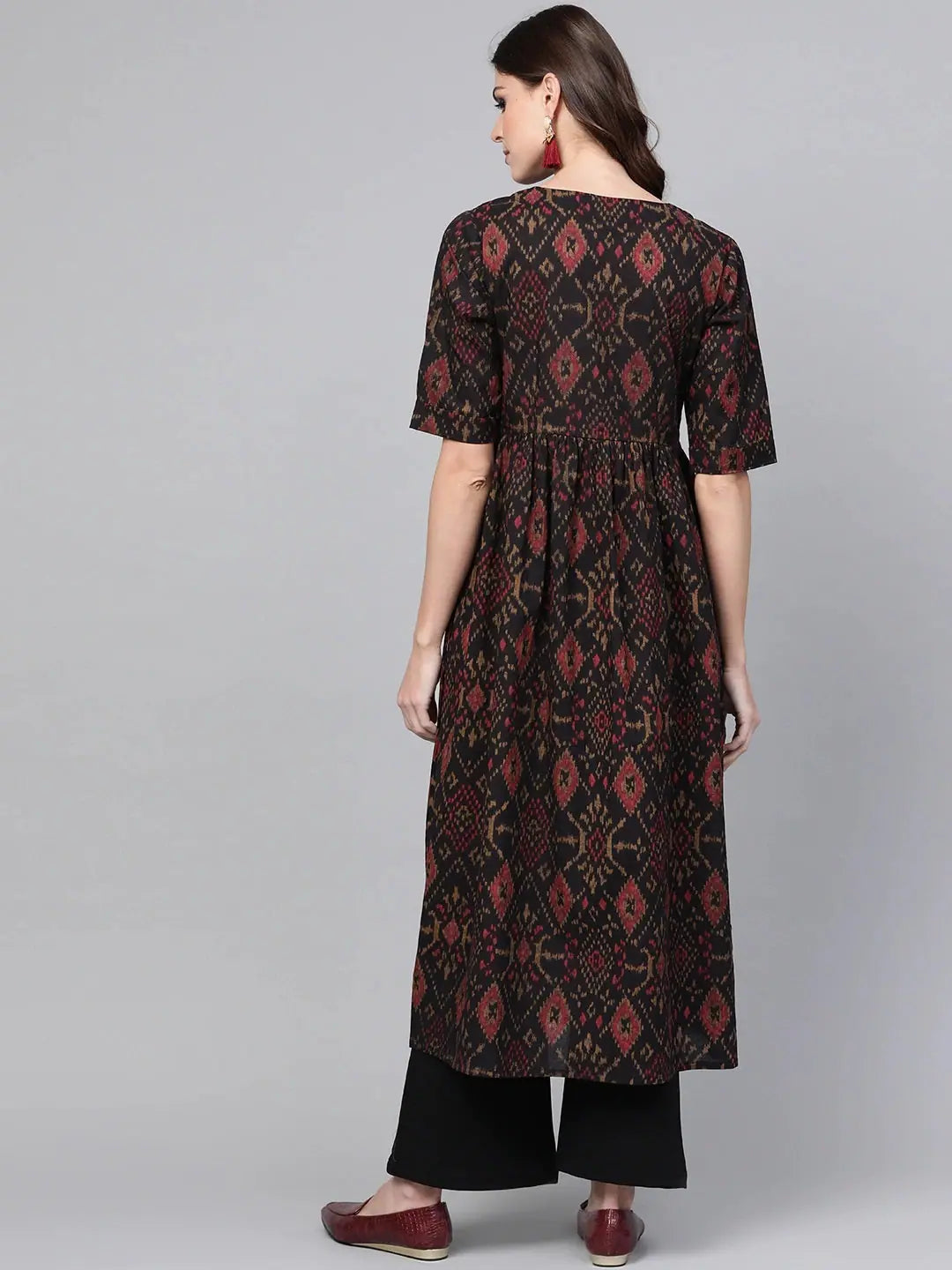 Cotton Printed Kurta - Black Maroon Indian Kurta for Women