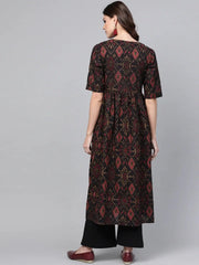 Women Black Maroon Color Cotton Fabric Printed A Line Kurta