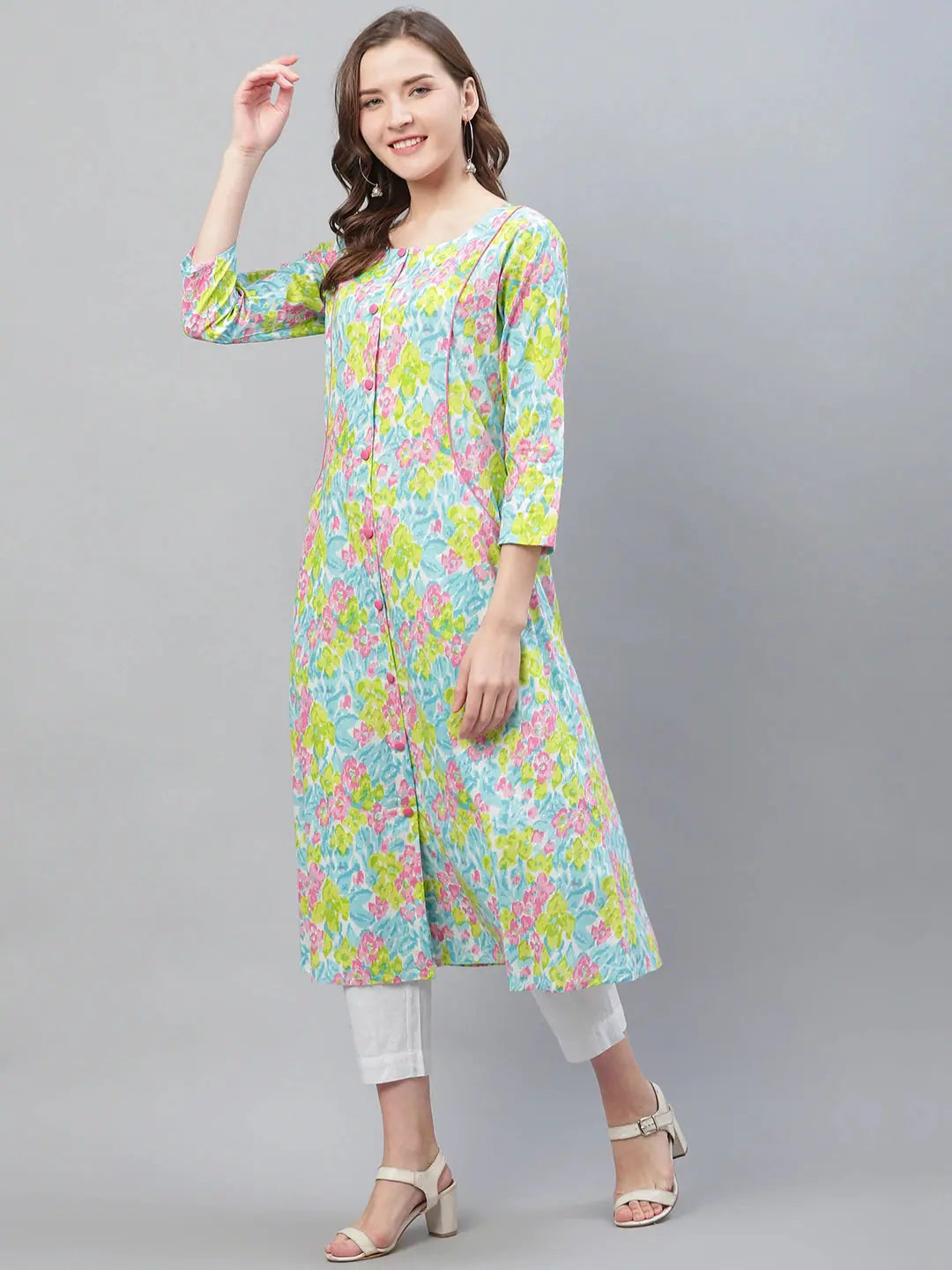Multicoloured Floral A-Line Kurta | Indian Kurta for Women