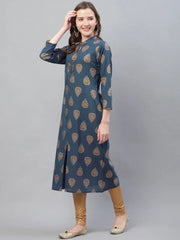 Women Printed Simple Navy Blue Kurti