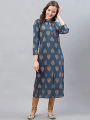 Women Printed Simple Navy Blue Kurti
