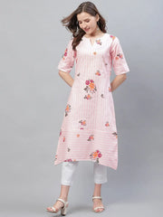 Women Cotton Fabric Pink Printed Fancy Daily Wear Kurti