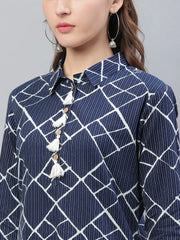 Women Casual Wear Cotton Fabric Navy Blue Trendy Kurti