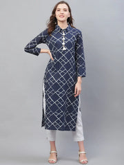 Women Casual Wear Cotton Fabric Navy Blue Trendy Kurti