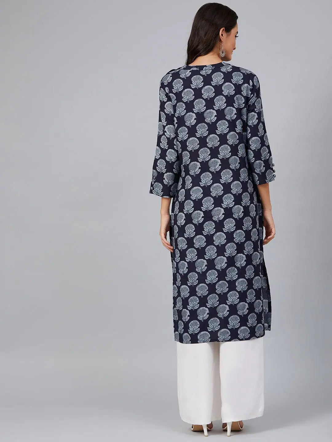 Women Navy Blue Floral Screen Printed Straight Kurta
