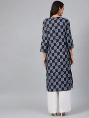 Women Navy Blue Floral Screen Printed Straight Kurta