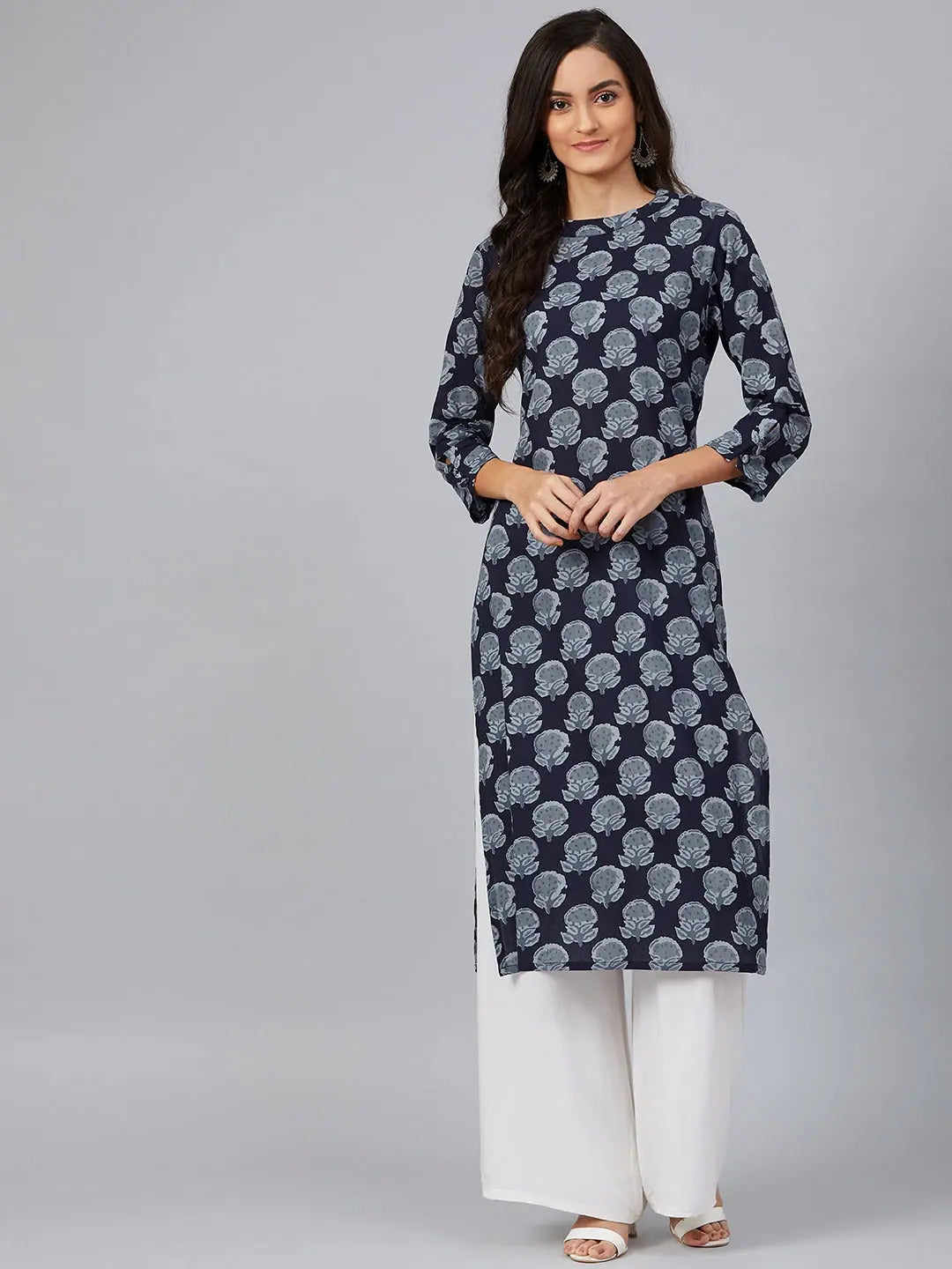 Navy Floral Cotton Kurta - Women's Indian Kurta Collection