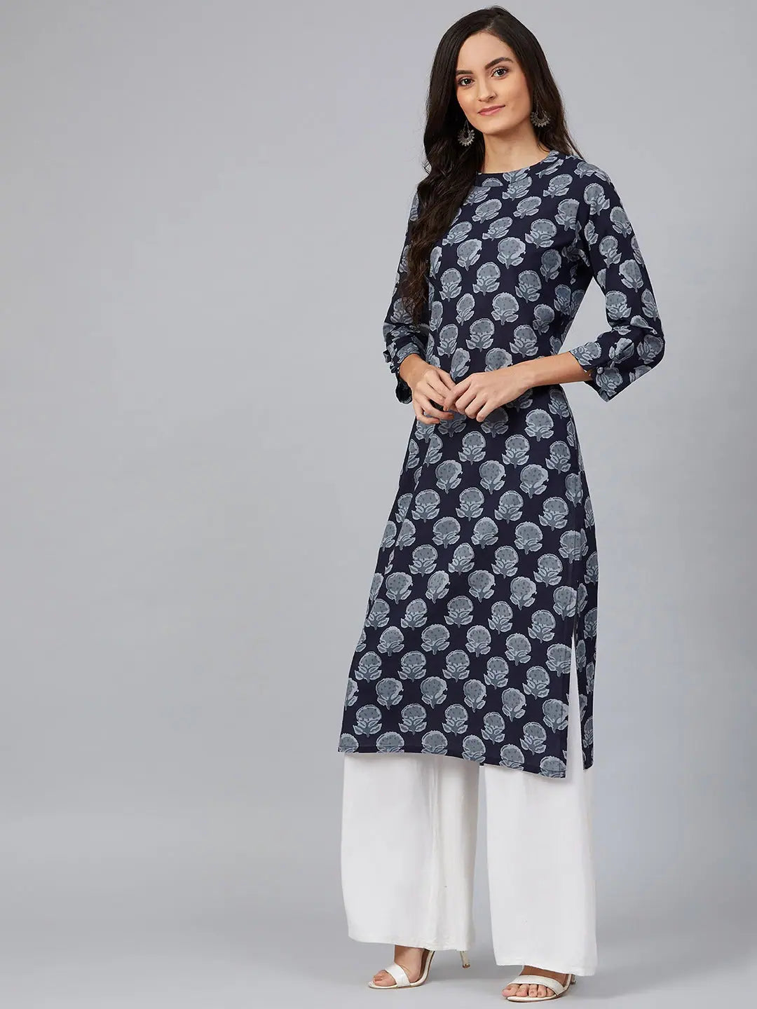 Navy Floral Cotton Kurta - Women's Indian Kurta Collection