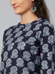 Women Navy Blue Floral Screen Printed Straight Kurta