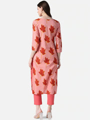 Women Pink Red Screen Floral Printed Straight Kurta