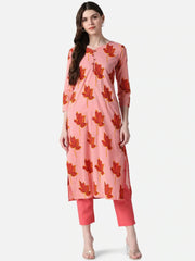Women Pink Red Screen Floral Printed Straight Kurta