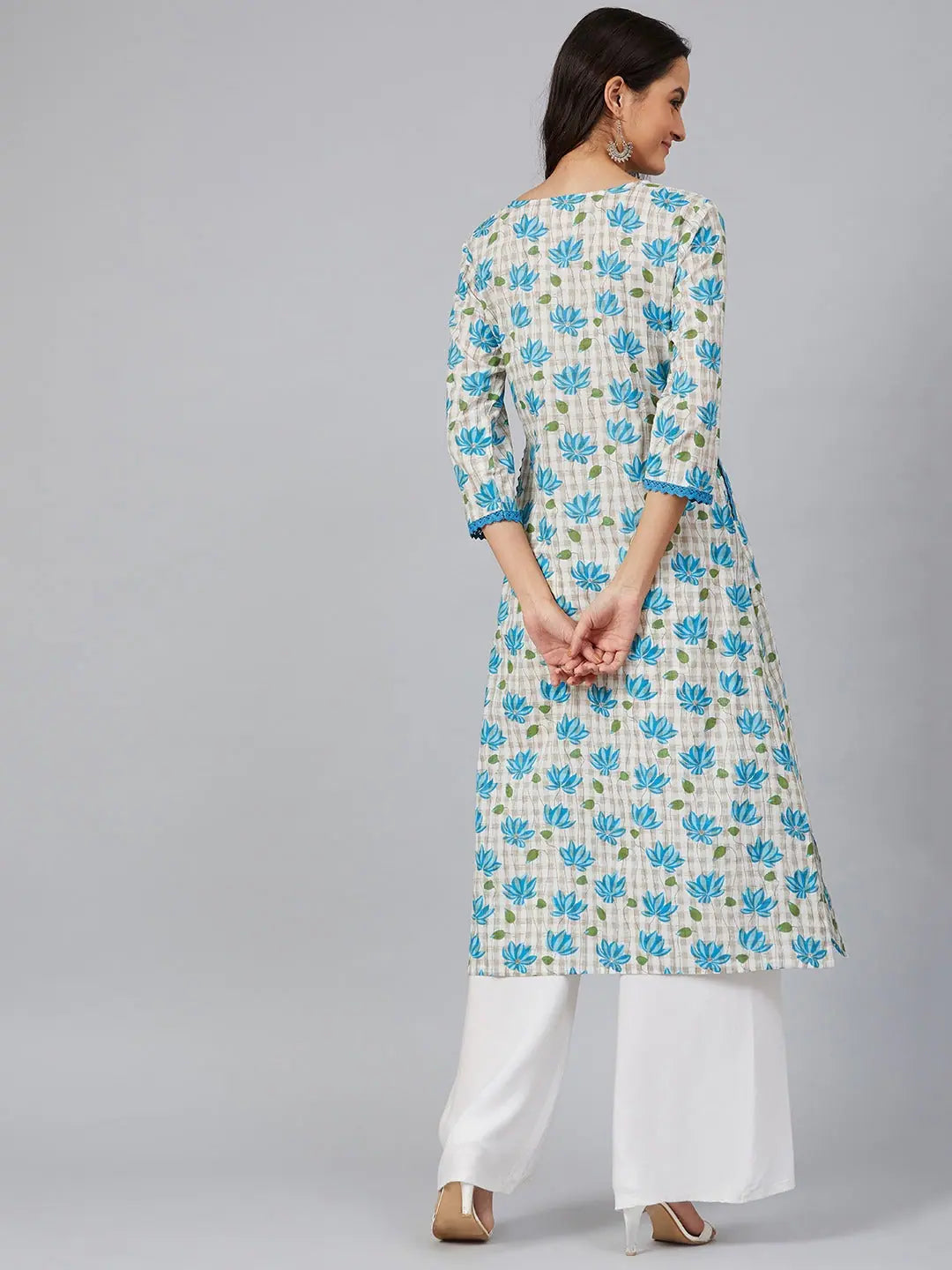 White & Blue Floral Indian Kurta for Women | Cotton Kurta