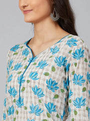 Women White Blue Floral Screen Printed Straight Kurta