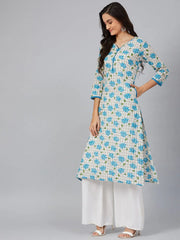 Women White Blue Floral Screen Printed Straight Kurta
